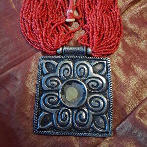 Vtg Tribal Multi Strand Seed Bead Necklace with Large Silver Pendant - Defective